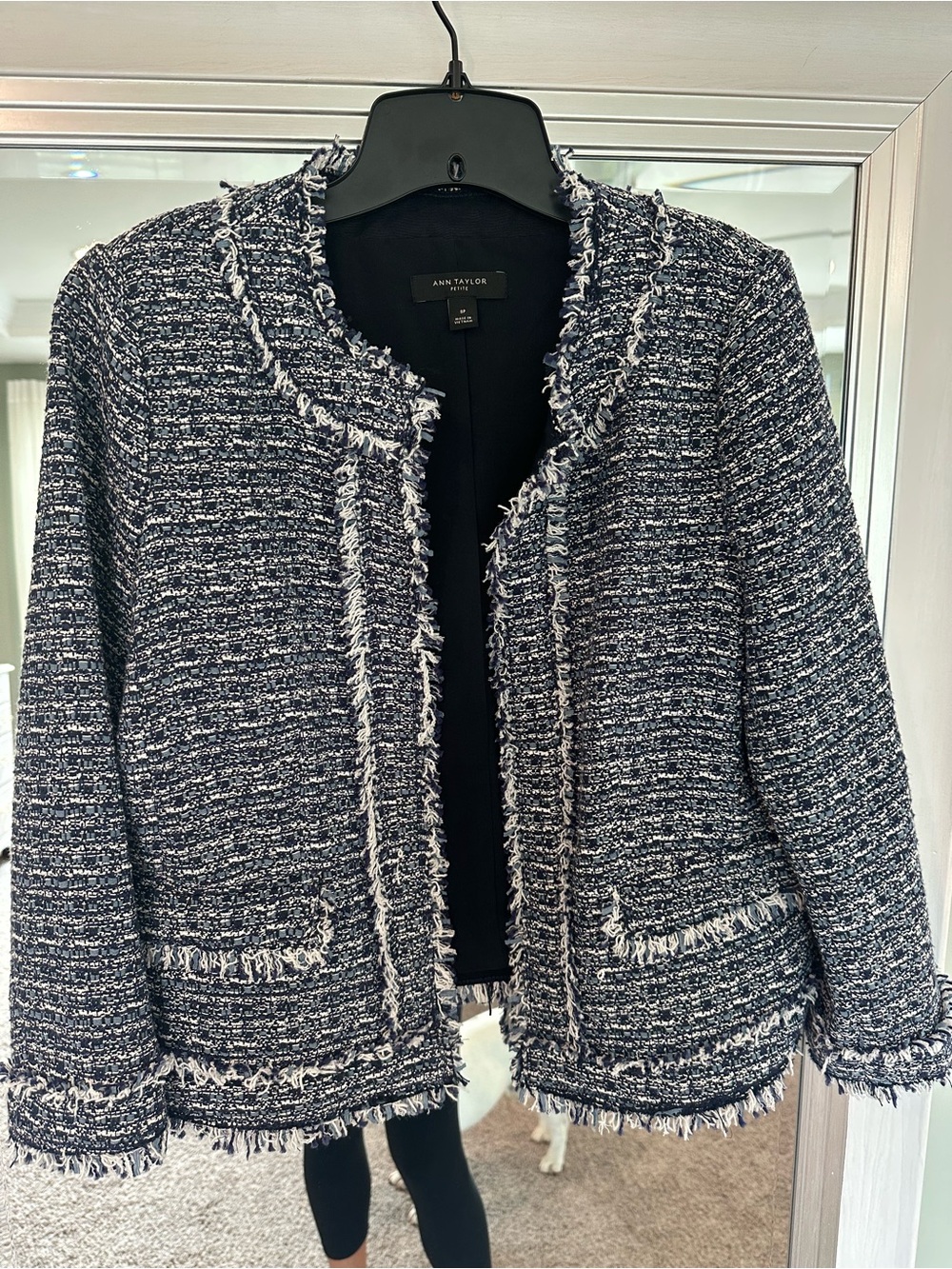 Ann Taylor Navy & White Tweed Fringe Blazer